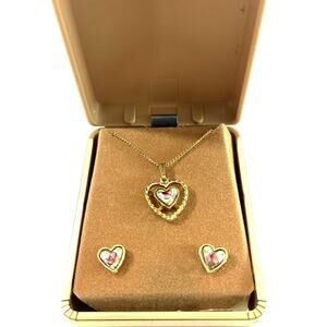 Vintage Gold Crown Heart Necklace & Earrings Set French Cloisonné Floral Enamel